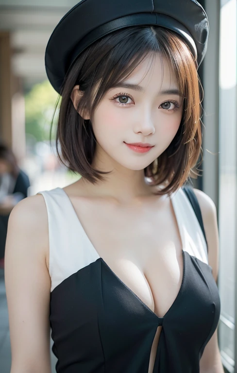(masutepiece, Best Quality, Illustration, Ultra-detailed, finely detail, high resolution, 8K Wallpaper, Perfect dynamic composition, Beautiful detailed eyes, Women's Fashion,bob hair,Very short hair,Small bosom, natural color lip, Bold sexy poses,Smile,Harajuku、20 years girl、Cute、Sexy shot looking at camera, dimples, sophie 🎩)