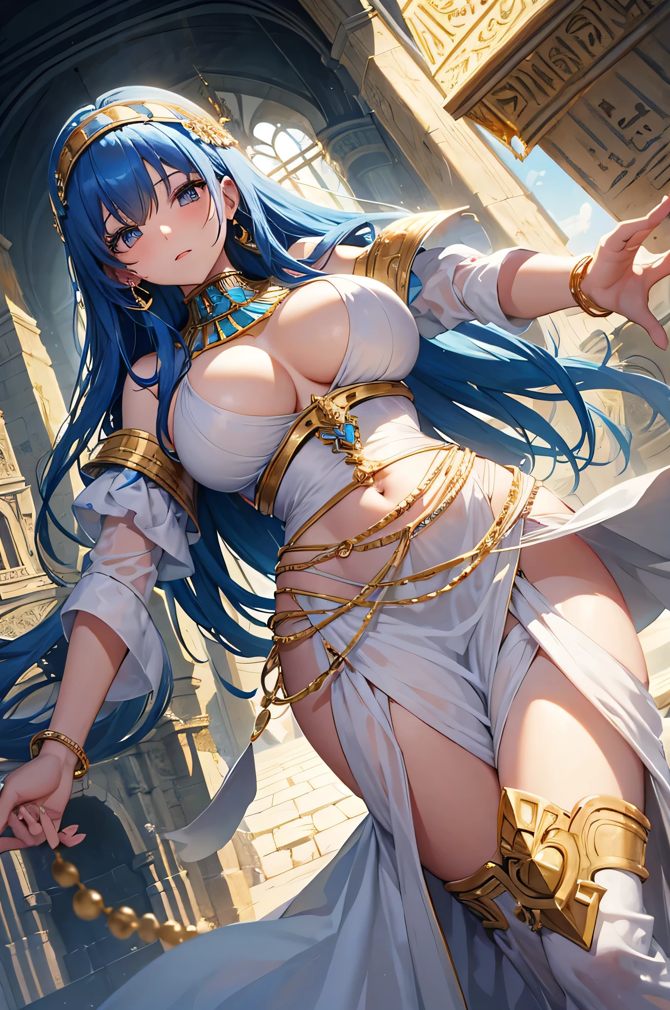 4K.High resolution,One Woman,Blue Hair,long hair,Big Breasts,Egyptian Princess,White Dress,Costume with golden decoration,Bejeweled costumes,hair band,Medieval castle