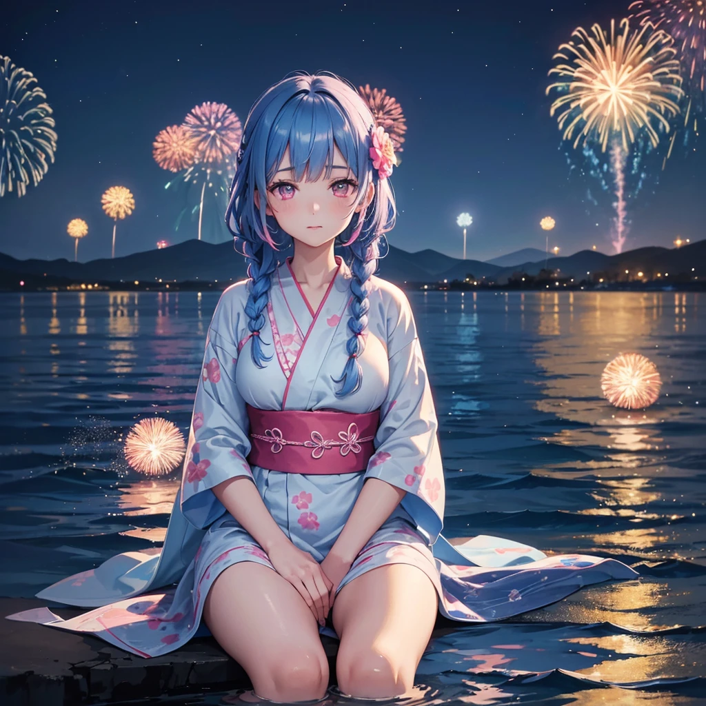 (Sky Blue Medium Hair:1.2), (Braided Hair),(Pink Eyes),Fair skin ,(whole body),(1 girl)、Floral Yukata、summer night、Extra-large fireworks filling the night sky、Huge fireworks launched from the sea、Watching the fireworks while sitting next to each other、Straight bangs,(masterpiece, Highest quality, Very detailed, Best Shadow), (Detailed Background), (Beautifully detailed face), High Contrast, (Best lighting, Very delicate and beautiful), ((Cinematic Light)), colorful, Hyper Detail 8k, Dramatic Light, Intricate details,Fireworks reflected on the water surface、
