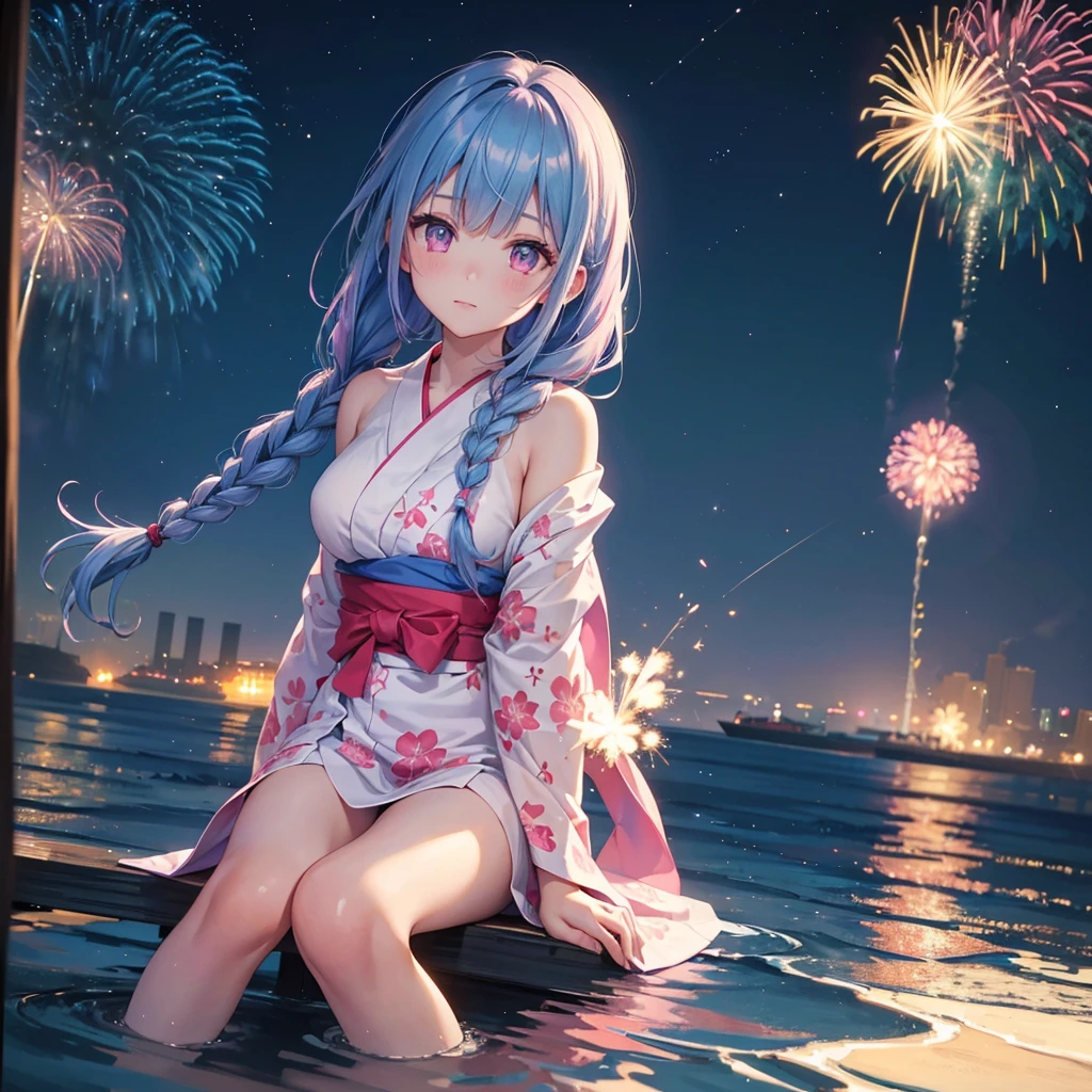 (Sky Blue Medium Hair:1.2), (Braided Hair),(Pink Eyes),Fair skin ,(whole body),(1 girl)、Floral Yukata、summer night、Extra-large fireworks filling the night sky、Huge fireworks launched from the sea、Watching the fireworks while sitting next to each other、Straight bangs,(masterpiece, Highest quality, Very detailed, Best Shadow), (Detailed Background), (Beautifully detailed face), High Contrast, (Best lighting, Very delicate and beautiful), ((Cinematic Light)), colorful, Hyper Detail 8k, Dramatic Light, Intricate details,Fireworks reflected on the water surface、