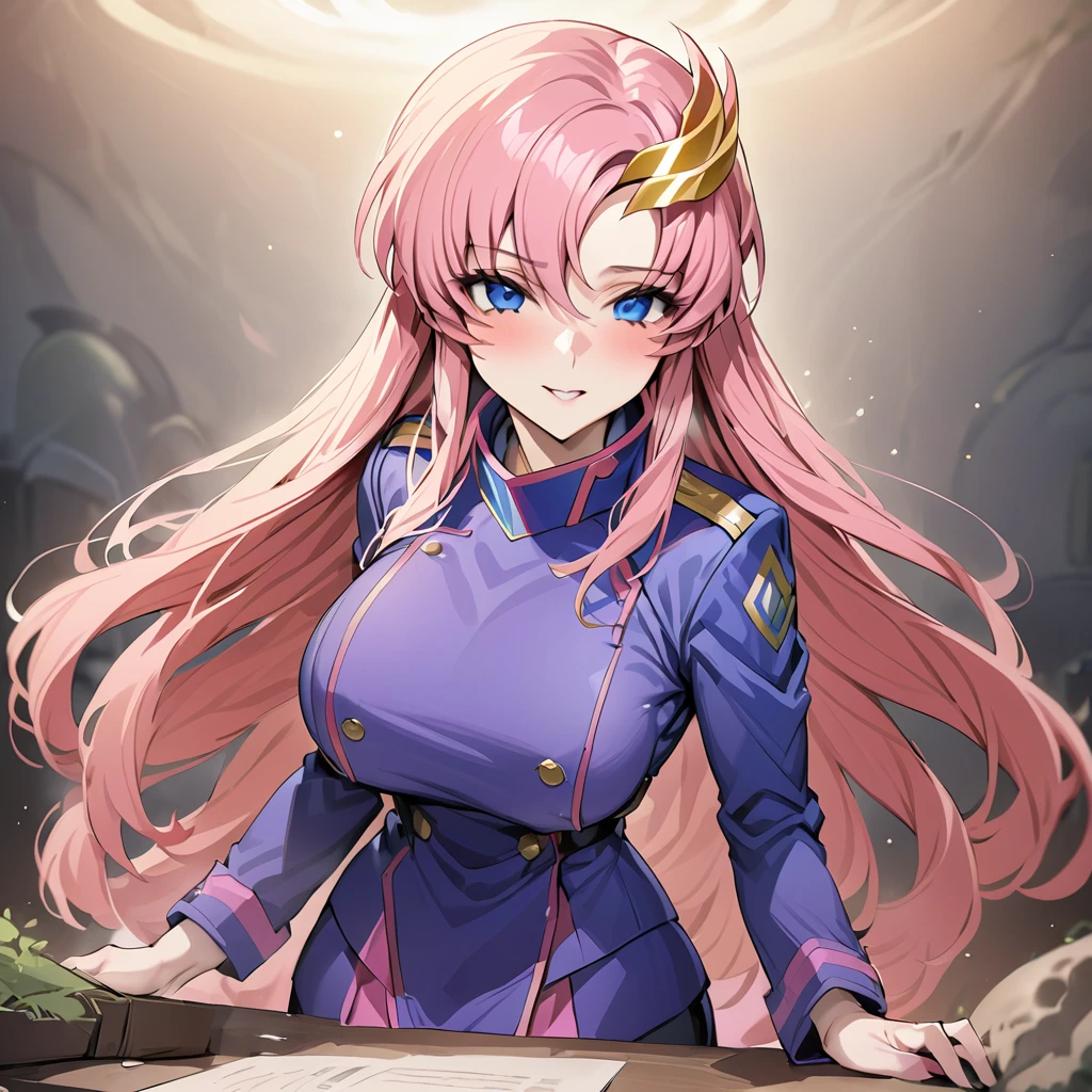 ((Highest quality)), ((masterpiece)), (detailed), （Perfect Face）、The woman is Lacus Clyne, with blue eyes, pink medium-long hair and a hair accessory.、The woman is a female officer in the Earth Federation Army and is wearing an Earth Federation Army uniform.