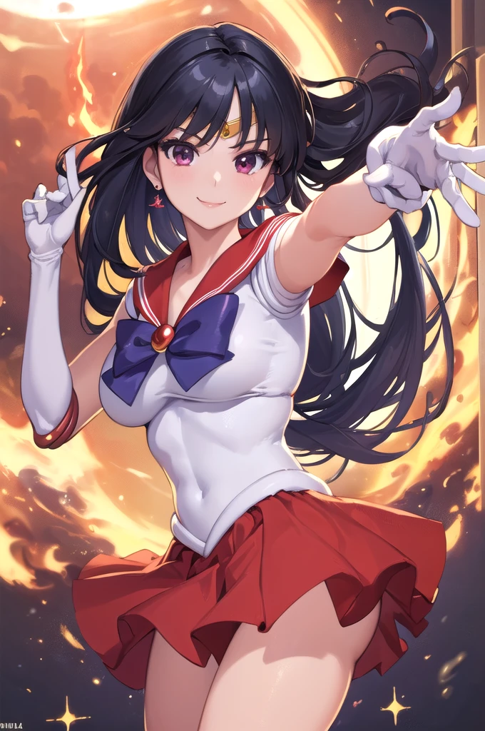 (masterpiece, best quality;1.3), ultra detailed, 1girl, solo, smile, looking at viewer,
sama1, tiara, sailor senshi uniform, white gloves, red sailor collar, red skirt, large breast, mars, human on fire