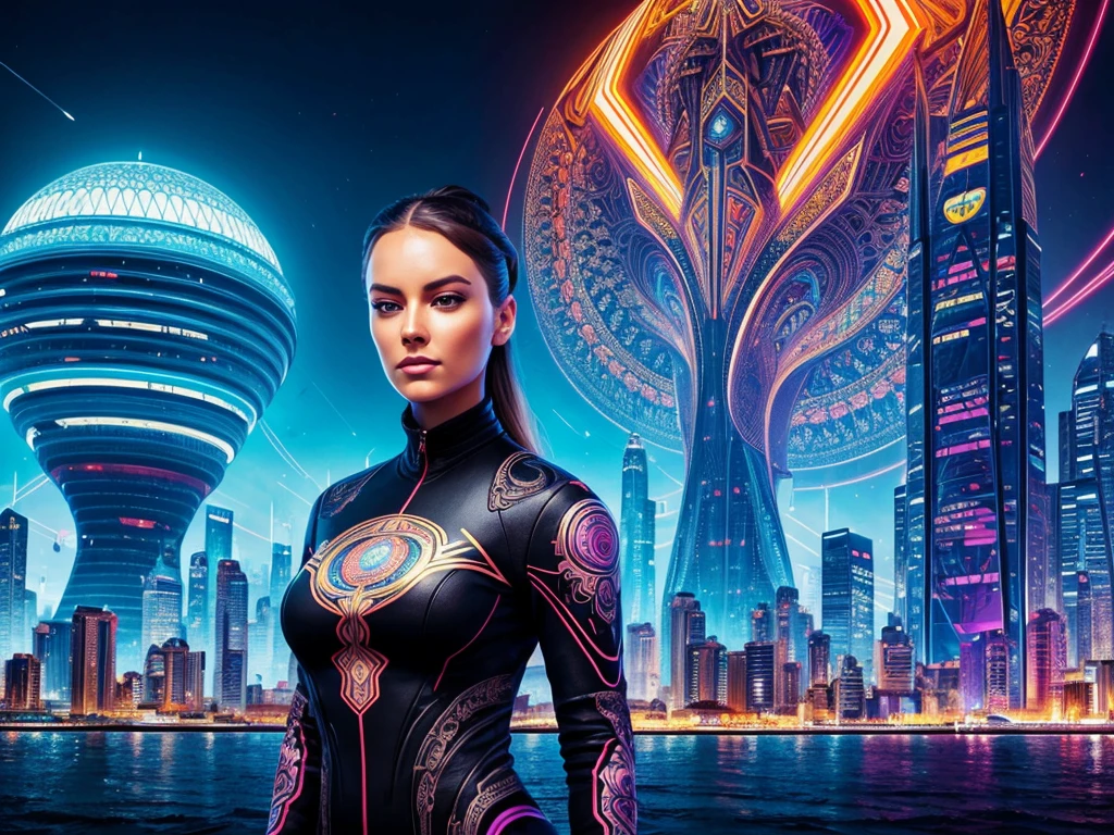 a painting of a woman with a futuristic face and a city in the background, art of alessandro pautasso, intricate digital painting, elaborate digital art, great digital art with details, tristan eaton, amazing detail digital art, dan mumford and alex grey style, digital intricate art, detailed art in color, tristan eaton's wallpaper, intricate oil painting artwork