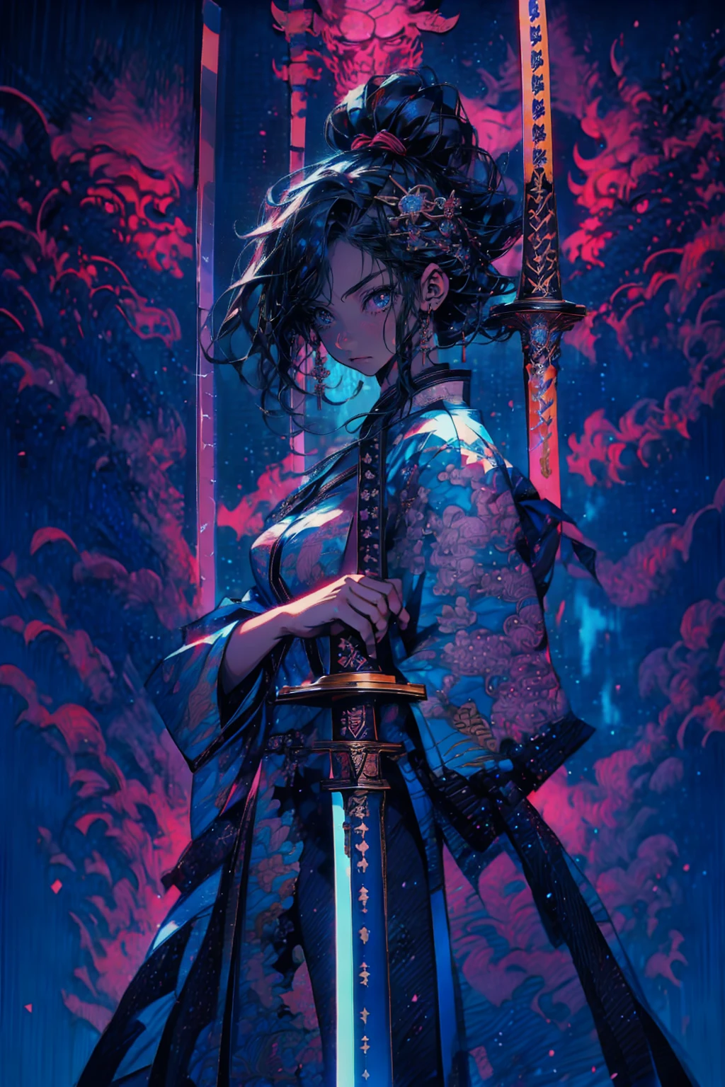 1girl,solo,cool,kimono,bigbreast,cleavage,hold a sword,samurai girl