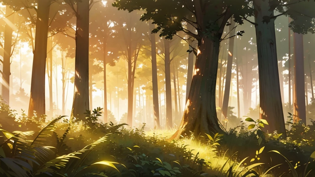 A beautiful forest, flat landscape, trees, bushes, sunlight filtering through leaves, lush greenery, serene atmosphere, realistic lighting, detailed foliage, photorealistic, 8k, highly detailed, masterpiece, volumetric lighting, atmospheric haze, dramatic shadows, warm color palette, golden hour lighting