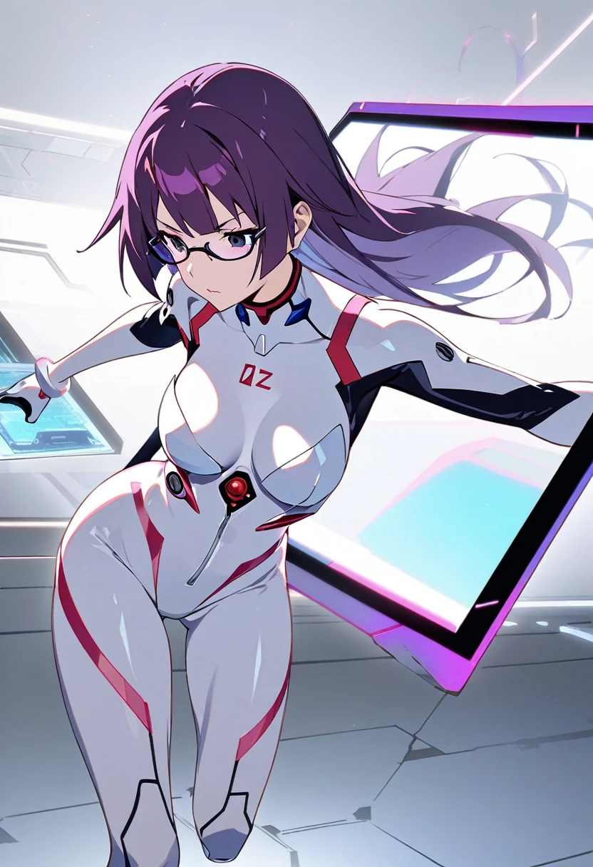 1girl, Senjougahara Hitagi,large breast, monogatari (series), masterpiece, best quality, absurdres, futuristic ambient lighting, techno minimalism style, cutting-edge minimal fashion, sleek futuristic pose, high-tech minimalist setting, purple hair clothing:
Sleek, evangelion plugsuit in matte white with subtle geometric patterns,sheer plugsuit
Minimalist asymmetrical overcoat in light gray with hidden tech features
Clear vinyl accents on shoulders and sides, revealing circuitry-like patterns underneath
Slim-fit boots in metallic silver with no visible fasteners
髪型:
Short, precision-cut purple hair with sharp, geometric lines
One side slightly longer, with a subtle undercut pattern
Holographic sheen that changes color slightly with movement
アクセサリー:
Thin, metallic choker with a small LED display showing abstract patterns
Minimalist smart bracelet that projects holographic interface
Barely visible earpiece for communications and audio
Clear, frameless glasses with heads-up display capabilities
メイク:
Flawless, nearly translucent complexion
Subtle, metallic purple eyeliner in a minimalist graphic design
Clear lip gloss with a hint of holographic shimmer
Eyebrows shaped into perfect, thin arches poses and environments:
running hard,in a stark, white room with hidden tech panels
One hand raised, interacting with an invisible holographic interface
Minimalist furniture with integrated technology in the background
Soft, ambient lighting that seems to come from nowhere and everywhere
小物:
Sleek, transparent tablet device with no visible buttons
Minimalist white earbuds in a charging case
Small, cube-shaped personal drone hovering nearby
Futuristic water container that analyzes and displays hydration levels