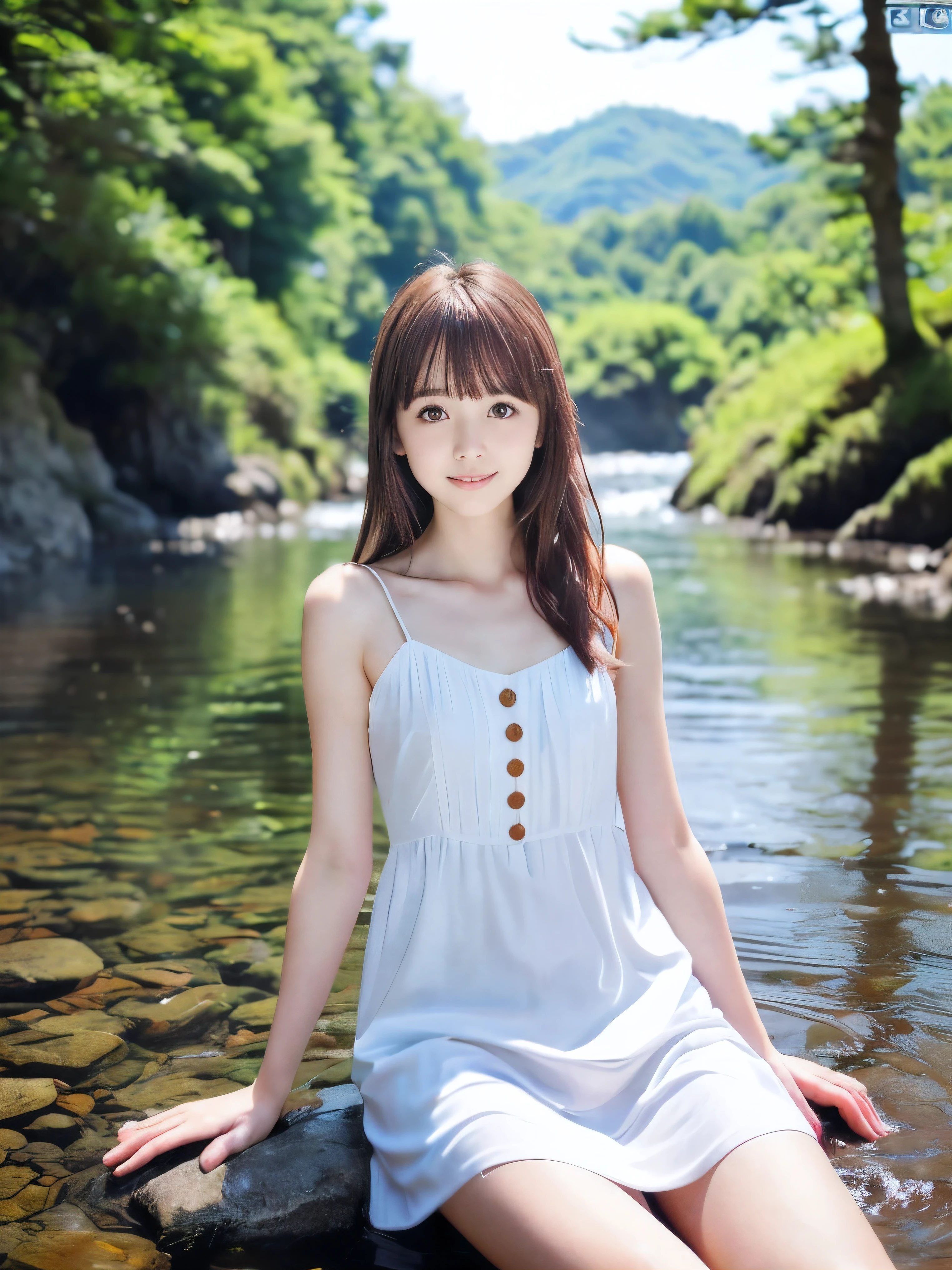 (Portrait of slender small-breasted red brown wavy long hair with dull bangs girl wearing a white summer dress:1.5)、(One girl is sitting with small smile in the clear stream and water fall at the forest in Japan:1.5)、(Summer beautiful blue sky and sea:1.5)、(blurred background:1.5)、(8k ultra detailed master piece:1.5)、(perfect anatomy:1.5)、(Photorealistic stick:1.5)、(Raw photo:1.3)、(highest quality:1.5)、(High resolution:1.3)、(Delicate and beautiful perfect face:1.3)、(Delicate and beautiful eye air skin:1.3)、(Real Human Skin:1.3)、((thin legs))