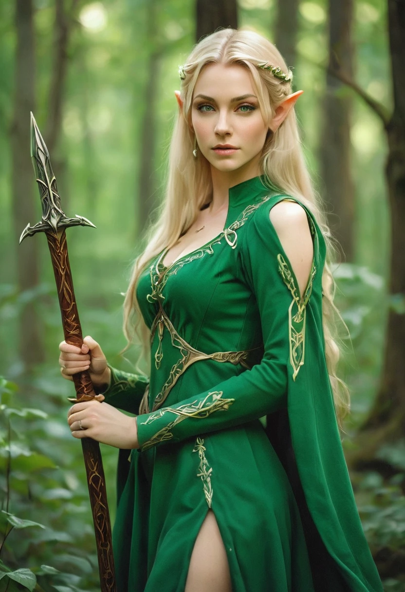 woman in a green dress with a sword in her hands in the forest, воинственная поза elven princess воинов, like a medieval fantasy character, alluring elven princess knight, blonde emerald warrior, elven princess, very beautiful elven top model, beautiful elven princess, Blonde Elven Empress, fantasy photo shoot, Fantasy character photo, elven princess, AnnaSophia Robb - Link of a woman with long blonde hair in a green dress, female elf, elven character with smirk, beautiful and elegant female elf, elf, a elf portrait, elf portrait, portrait female elf wizard, female elfling, portrait of a женщин(Best quality:1.2, realistic:1.37)a-elf warlock, portrait of a very beautiful elf, elven princess excellent quality, quality, good anatomy, good hands, good body, the right number of fingers