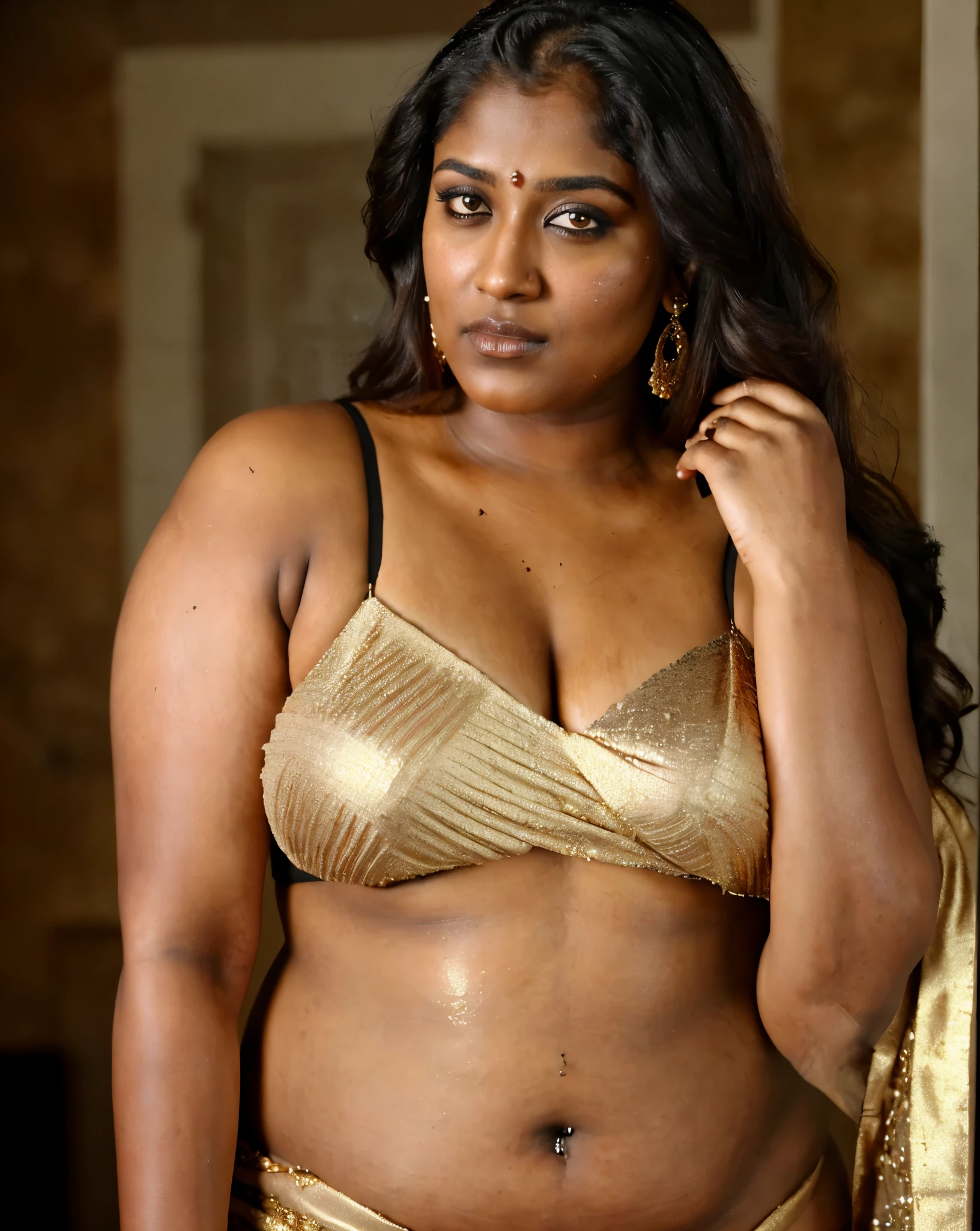 Looks like Nayanthara, thick figure, bulky figure, fleshy figure, black lips, beautiful hypnotizing gazing eyes, juicy dark lips, juicy figure, Full figured woman, heavy figure, attractive, gorgeous, stunning beauty, milf, 50 years old Woman, attractive body, araffe woman in a gold sari posing for a picture, chocolate skin, skin pores, sweat, wet skin, incredible skin texture, wearing gold jewellery, photo of a hand jewellery model, sexy girl with dark complexion, indian girl with brown skin, traditional beauty, wearing elegant jewellery, traditional makeup, with small studded earings, indian goddess, indian, intricate thin details in gold, gold jewellery, modeling shoot, 7 0 mm portrait, dramatic lighting, cinematic colour grading, skin texture, skin pores, freckles 0.1, sexy stubble armpits,