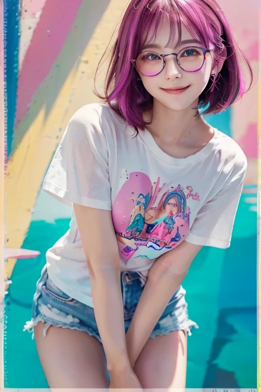 Knee stand、((masterpiece))、((Highest quality))、((Super detailed))、((sexy))、Real、Genuine、Looking down from above、(((pop)))、1990s、((Colorful background))、((Enlighten))、pretty girl、1 person、Beautiful pink hair、((Beautiful Eyes))、Glasses、A light smile、wave hands、bye bye、((T-Shirts))