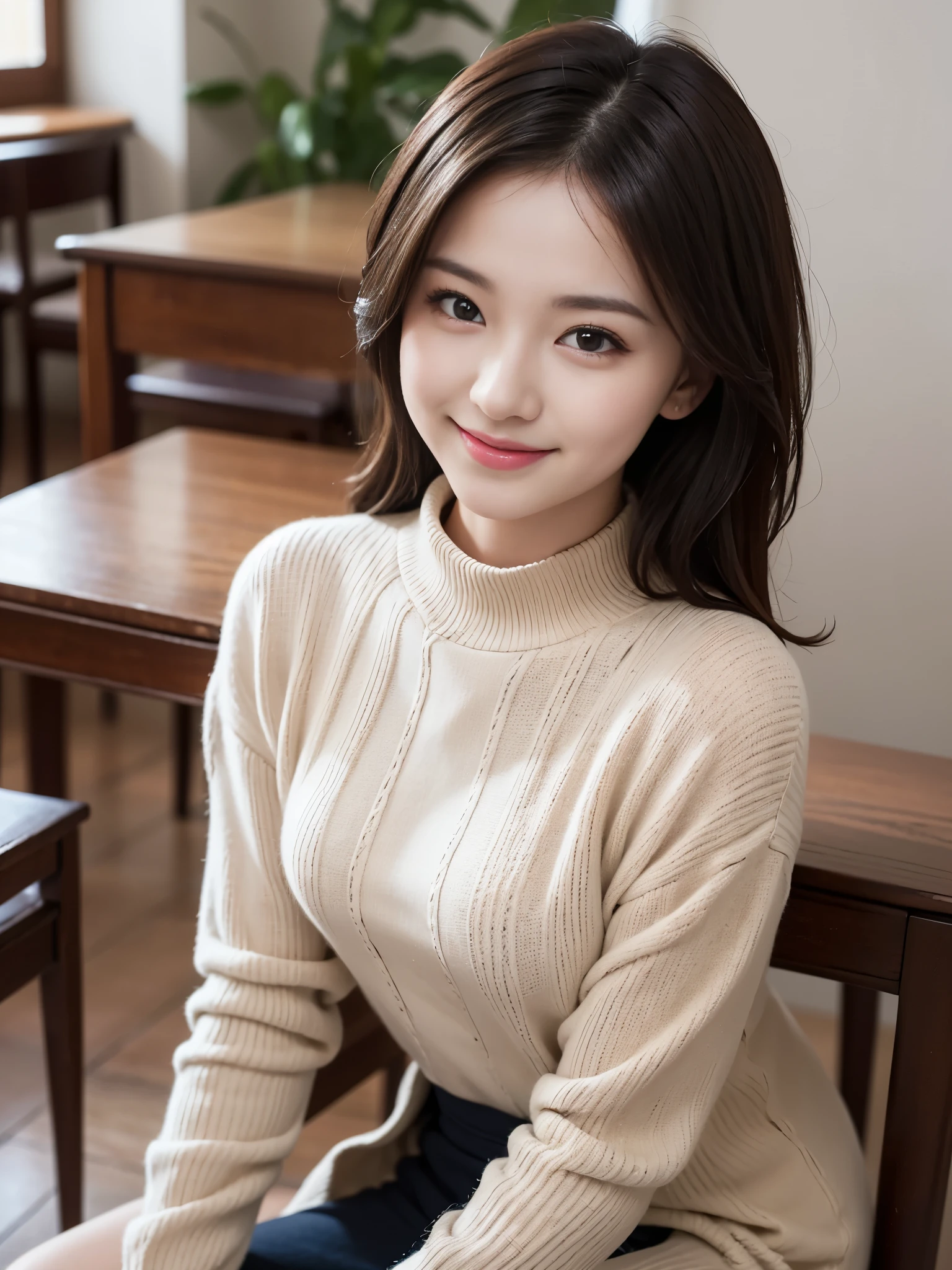 Tabletop, Highest quality, figure, Very detailed, In detail, High resolution, 8k wallpaper, Perfect dynamic composition, Beautiful attention to detail, Winter casual wear,Medium Hair,Small Breasts Natural Color Lip, Bold sexy pose,smile,Harajuku、20-year-old girl、cute、sexy shot looking at camera