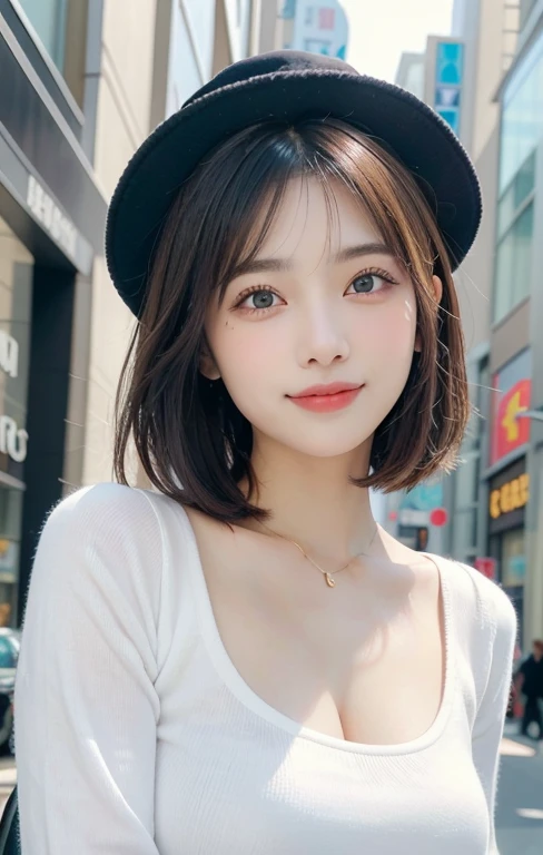 (masutepiece, Best Quality, Illustration, Ultra-detailed, finely detail, high resolution, 8K Wallpaper, Perfect dynamic composition, Beautiful detailed eyes, Women's Fashion,bob hair,Very short hair,Small bosom, natural color lip, Bold sexy poses,Smile,Harajuku、20 years girl、Cute、Sexy shot looking at camera, dimples, sophie hatter 🎩)
