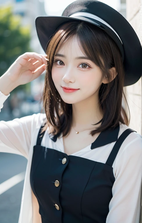 (masutepiece, Best Quality, Illustration, Ultra-detailed, finely detail, high resolution, 8K Wallpaper, Perfect dynamic composition, Beautiful detailed eyes, Women's Fashion,bob hair,Very short hair,Small bosom, natural color lip, Bold sexy poses,Smile,Harajuku、20 years girl、Cute、Sexy shot looking at camera, dimples, sophie hatter 🎩)