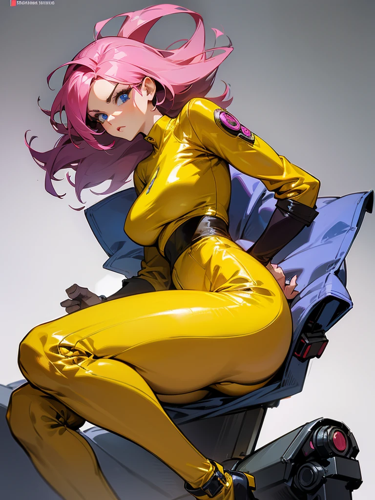 Mature woman with serious look, Facial Focus, big pink hair, shining blue eyes, wearing a mustard yellow jumpsuit, breasts big, looking 35 years old, eye on the spectator, look to the camera, , the background is a cyberpunk battlefield, Free hands, thick-thighs, ((look ahead)), Masterpiece artwork,