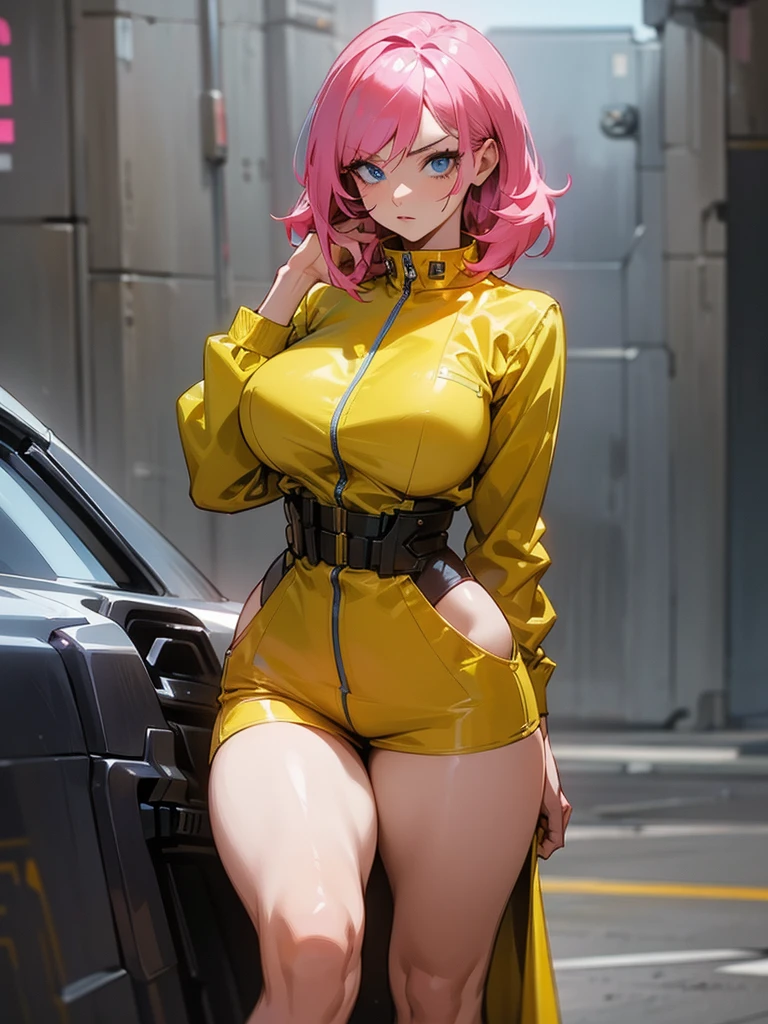 Mature woman with serious look, Facial Focus, big pink hair, shining blue eyes, wearing a mustard yellow jumpsuit, breasts big, looking 35 years old, eye on the spectator, look to the camera, , the background is a cyberpunk battlefield, Free hands, thick-thighs, ((look ahead)), Masterpiece artwork,