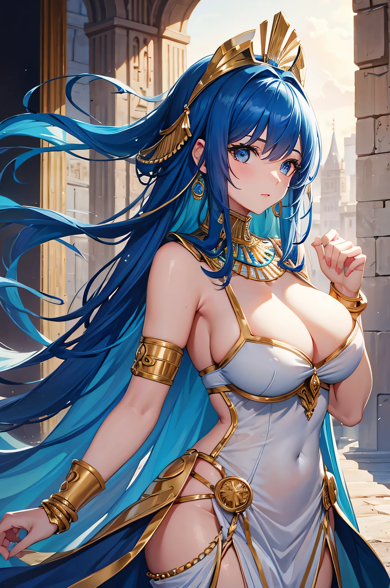 4K.High resolution,One Woman,Blue Hair,long hair,Big Breasts,Egyptian Princess,White Dress,Costume with golden decoration,Bejeweled costumes,hair band,Medieval castle