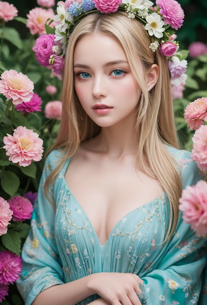 A breathtaking cinematic scene unfolds: A ravishing French woman, adorned with a delicate flower crown, sits amidst a tapestry of vibrant blooms. Her luminous face, featuring piercing blue-turquoise eyes, holds the viewer's gaze as she poses directly into the lens. Her pastel-hued dress, intricate floral patterns, and luscious blonde locks are framed against a kaleidoscope of colorful flowers in 16K resolution.