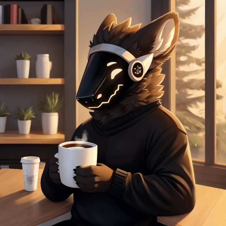 a furry protogen anthropogenic black bear wearing a black sweater while drinking coffee with a tired face