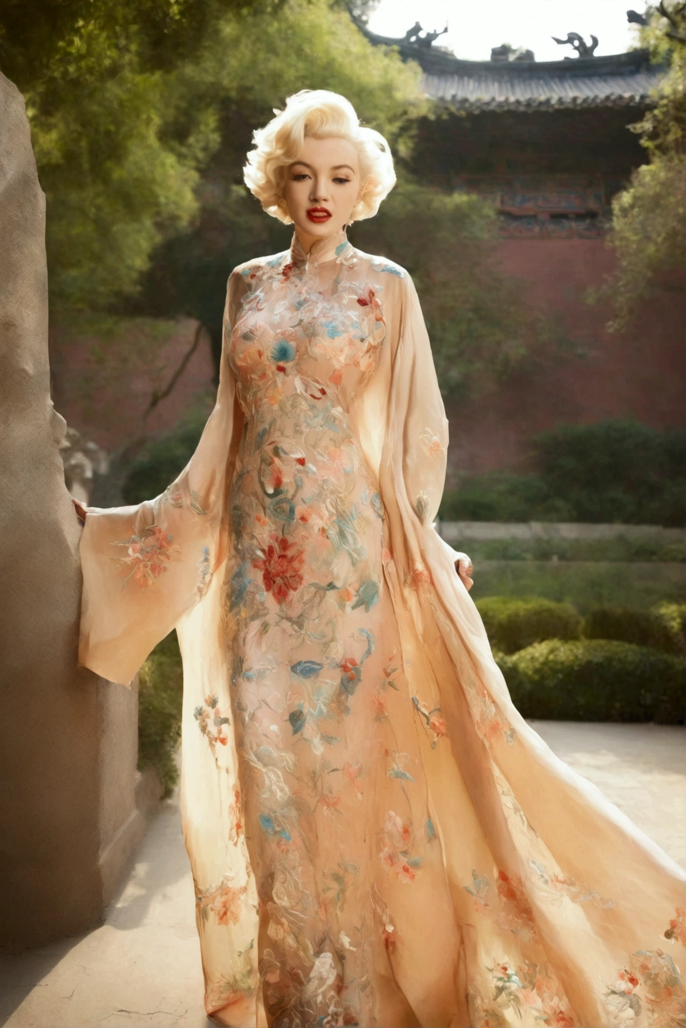 1 woman (Marilyn Monroe, age 25, intricate silk Chinese dress with lots of embroidery sheer with several large slits, no underwear, traditional hairstyle and Chinese makeup) wandering through a palace garden