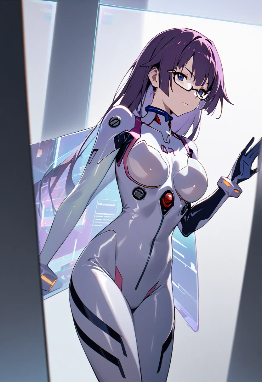 1girl, Senjougahara Hitagi,large breast, monogatari (series), masterpiece, best quality, absurdres, futuristic ambient lighting, techno minimalism style, cutting-edge minimal fashion, sleek futuristic pose, high-tech minimalist setting, purple hair clothing:
Sleek, evangelion plugsuit in matte white with subtle geometric patterns,sheer plugsuit
Minimalist asymmetrical overcoat in light gray with hidden tech features
Clear vinyl accents on shoulders and sides, revealing circuitry-like patterns underneath
Slim-fit boots in metallic silver with no visible fasteners
髪型:
Short, precision-cut purple hair with sharp, geometric lines
One side slightly longer, with a subtle undercut pattern
Holographic sheen that changes color slightly with movement
アクセサリー:
Thin, metallic choker with a small LED display showing abstract patterns
Minimalist smart bracelet that projects holographic interface
Barely visible earpiece for communications and audio
Clear, frameless glasses with heads-up display capabilities
メイク:
Flawless, nearly translucent complexion
Subtle, metallic purple eyeliner in a minimalist graphic design
Clear lip gloss with a hint of holographic shimmer
Eyebrows shaped into perfect, thin arches poses and environments:
lying on the bed made for glass,against glass,breast press,angle from below,in a stark, white room with hidden tech panels
One hand raised, interacting with an invisible holographic interface
Minimalist furniture with integrated technology in the background
Soft, ambient lighting that seems to come from nowhere and everywhere
小物:
Sleek, transparent tablet device with no visible buttons
Minimalist white earbuds in a charging case
Small, cube-shaped personal drone hovering nearby
Futuristic water container that analyzes and displays hydration levels