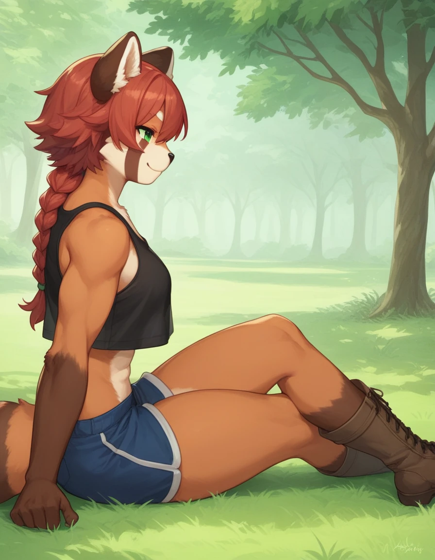 Solo, Score_9, score_8_up, score_7_up, kemono style, Kimiko, An Anthro furry red panda girl, red furry body, red panda tail, , black nose, red hair, braided hair, profile full body view, tank top, shorts, visible legs, brown explorer boots, in fantasy park, warmly lit day, mid angle shot, smug smirk, majestic, on grassy field, looking to side with focus, long legs, muscular arms and legs, green emerald eyes, profile view, side profile view, horizontal full body perspective, laying on stomach, prone, leaning on elbows, legs folded for feet in air, facing right, toned legs, crop top, full side profile, knees on floor, thick thighs.