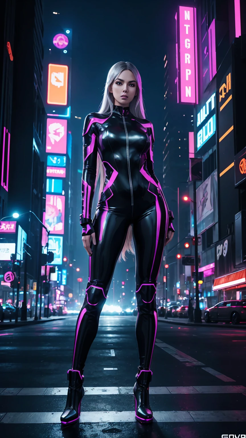 ((photo by full body, standing, Feet on the ground)) "Create an image of Electra, the AI-generated model, standing confidently in a cyberpunk-inspired outfit – a metallic silver jumpsuit hugging her figure, combined with black high boots. The backdrop is a cityscape with vibrant neon lights, enhancing the futuristic vibe. Make sure the pose reflects a perfect combination of strength and elegance. Bring this vision to life!"
