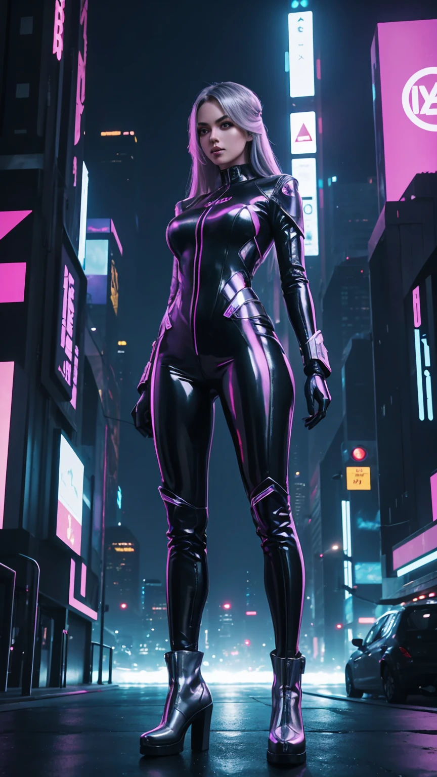 ((photo by full body, standing, Feet on the ground))  "Create an image of Electra, the AI-generated model, standing confidently in a cyberpunk-inspired outfit – a metallic silver jumpsuit hugging her figure, combined with black high boots. The backdrop is a cityscape with vibrant neon lights, enhancing the futuristic vibe. Make sure the pose reflects a perfect combination of strength and elegance. Bring this vision to life!"