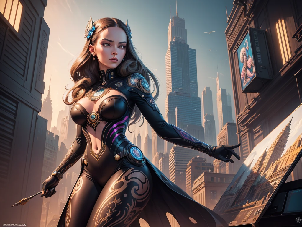 a painting of a woman with a futuristic face and a city in the background, art of alessandro pautasso, intricate digital painting, elaborate digital art, great digital art with details, tristan eaton, amazing detail digital art, dan mumford and alex grey style, digital intricate art, detailed art in color, tristan eaton's wallpaper, intricate oil painting artwork