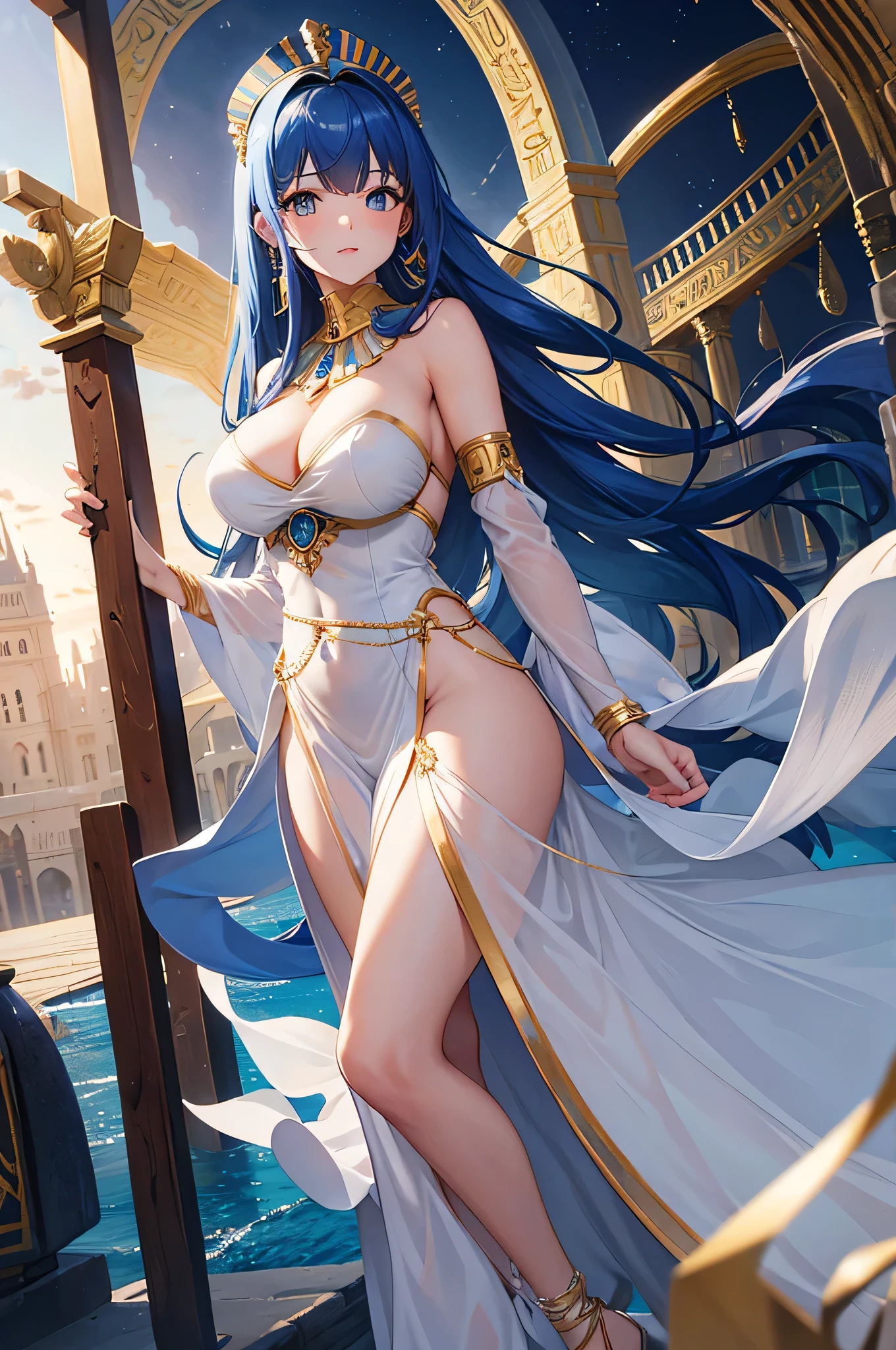 4K.High resolution,One Woman,Blue Hair,long hair,Big Breasts,Egyptian Princess,White Dress,Costume with golden decoration,Bejeweled costumes,hair band,Medieval castle