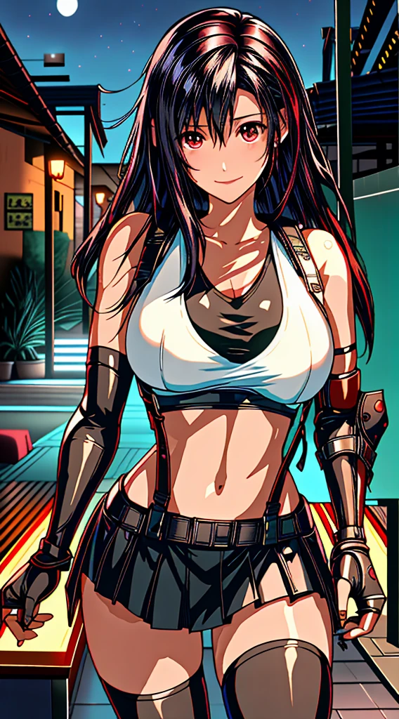 masterpiece,stunning realistic,best quality,sharpness,sharp face,smil,Photo of the fully body
black long hair,purple eyes,big ,tanktop,breast,Side breasts,cargopants with many pockets,open bellybuttons,opened up lags,black cloak,silver necklace,silver chain,black gloves
