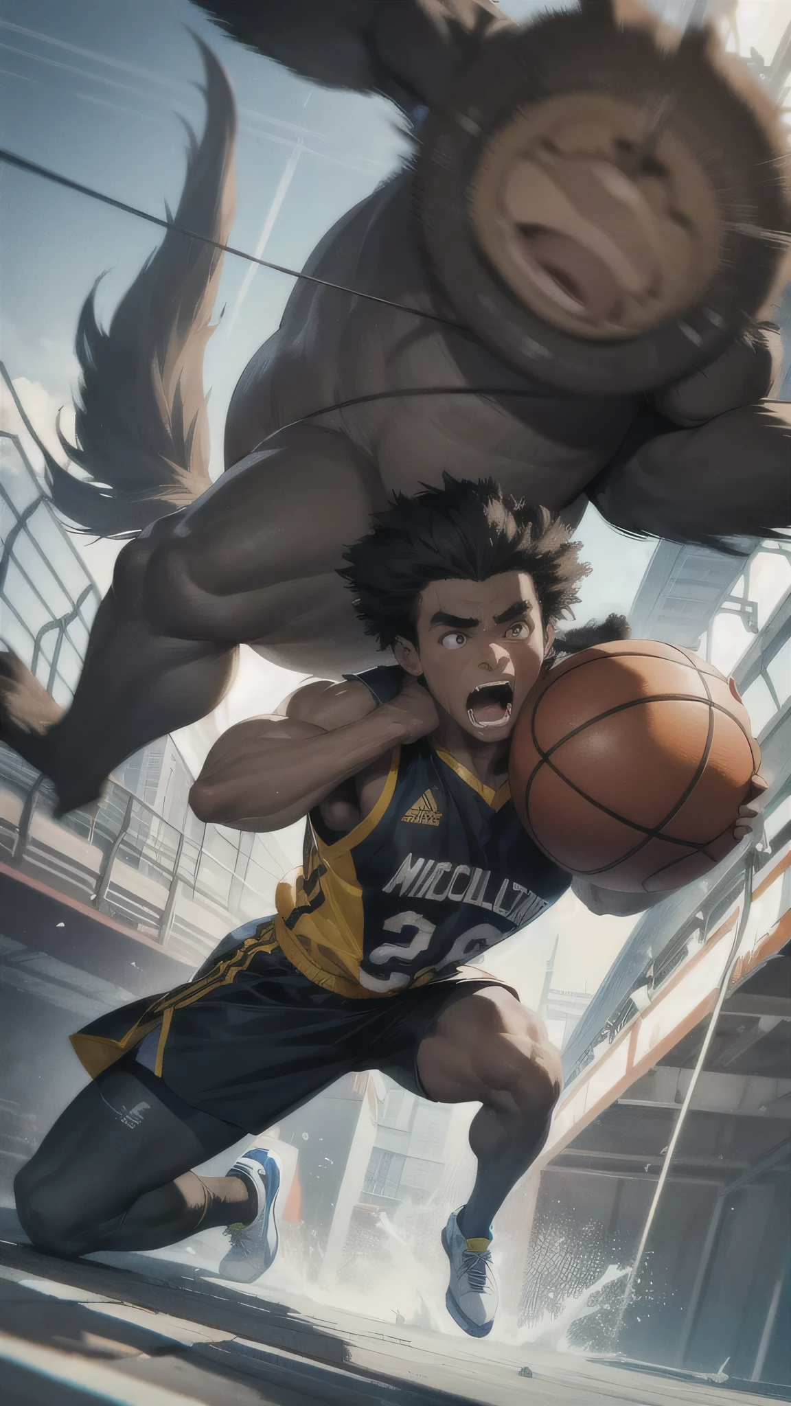 An illustration of a mountain gorilla playing basketball, wearing a basketball uniform. The scene captures the moment the gorilla makes a slam dunk, suspended in mid-air with a dynamic and powerful pose. The gorilla's expression is one of intense concentration and determination, filled with life and energy. The illustration should convey the tension and excitement of the game, with detailed attention to the gorilla's muscles and motion. The overall atmosphere should be vibrant and energetic, showcasing the action-packed moment. Ensure the image is high resolution and high definition, with a sense of momentum and impact, creating a masterpiece that captures the thrill of the scene.