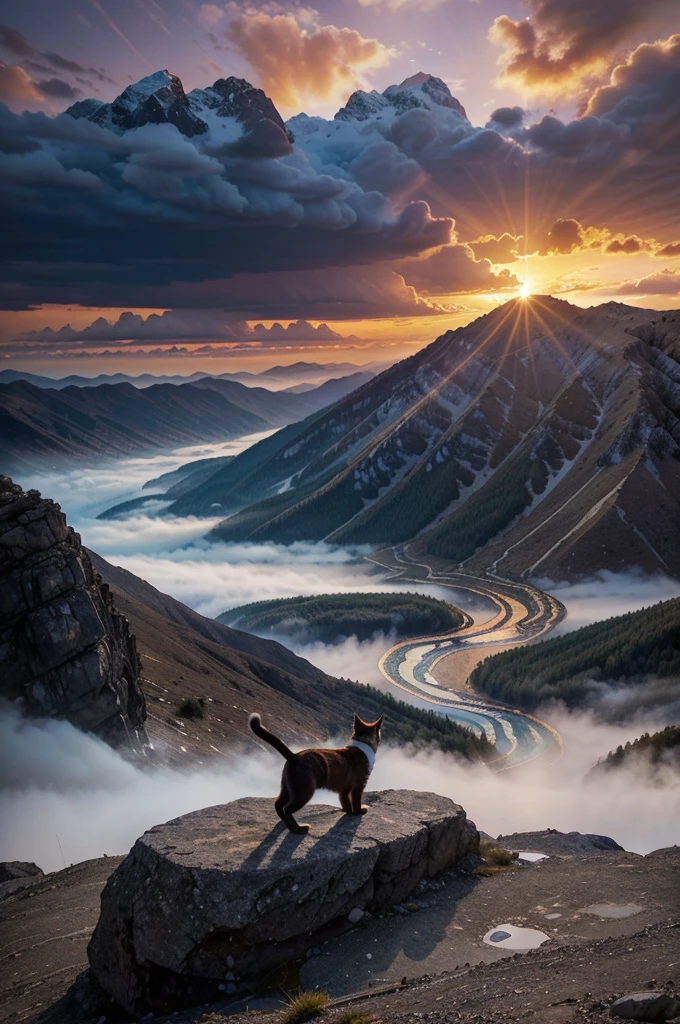 Create an image of a mountain landscape at sunset with a winding river. At the top of the mountain, a cat with human characteristics is exploring, dressed in karate clothes. The atmosphere is adventurous and bold, with a dramatic sky and moving clouds. The image style is anime, with vibrant colors, elaborate details, and magical elements.