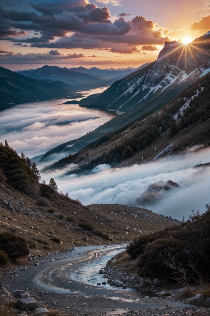 Create an image of a mountain landscape at sunset with a winding river. At the top of the mountain, a cat with human characteristics is exploring, dressed in karate clothes. The atmosphere is adventurous and bold, with a dramatic sky and moving clouds. The image style is anime, with vibrant colors, elaborate details, and magical elements.