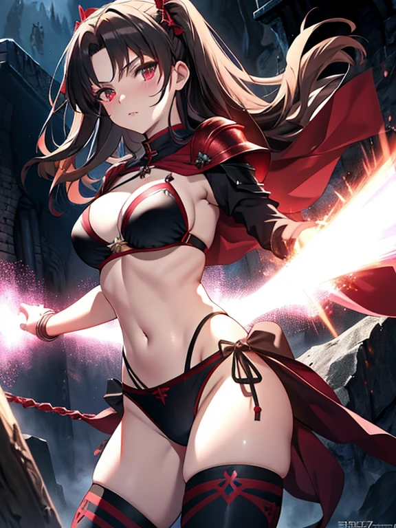 Bikini Armor, (Brave), (The background is a dungeon), Tohsaka Rin, (masterpiece), highest quality, 1girl, uhd, retina, masterpiece, ccurate, anatomically correct, textured skin, super detail, high details, high quality, best quality, highres, 4K