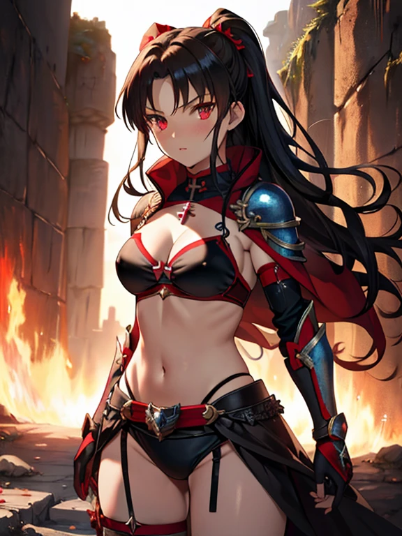 Bikini Armor, (Brave), (The background is a dungeon), Tohsaka Rin, (masterpiece), highest quality, 1girl, uhd, retina, masterpiece, ccurate, anatomically correct, textured skin, super detail, high details, high quality, best quality, highres, 4K