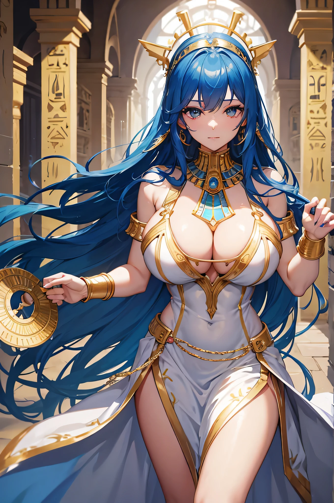 4K.High resolution,One Woman,Blue Hair,long hair,Big Breasts,Egyptian Princess,White Dress,Costume with golden decoration,Bejeweled costumes,hair band,Medieval castle