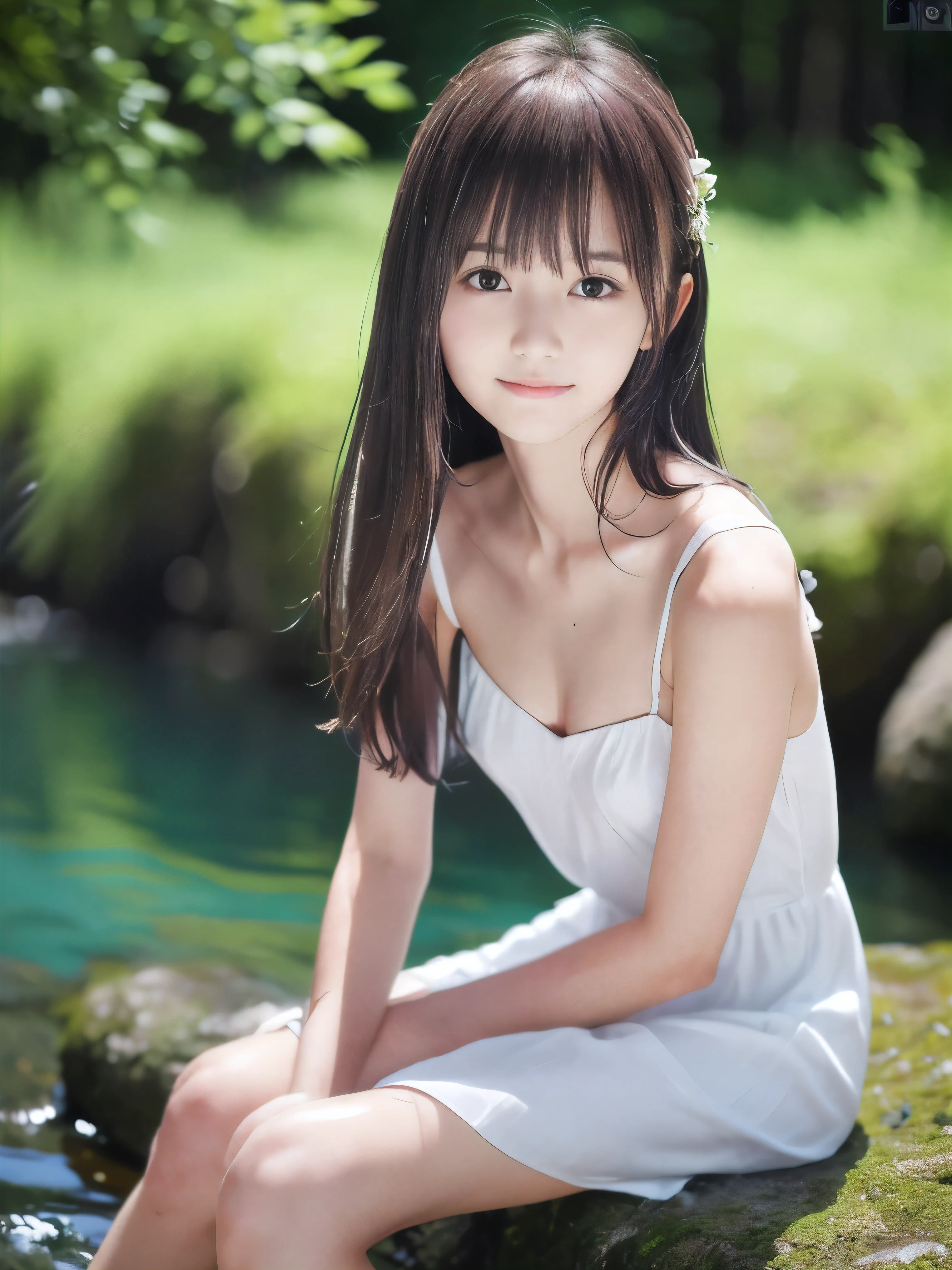 (Portrait of slender small-breasted half up brown long hair with bangs girl wearing a white summer dress:1.5)、(One girl is sitting with small smile in the clear stream and water fall at the forest in Japan:1.5)、(Summer beautiful blue sky and forest:1.5)、(blurred background:1.5)、(8k ultra detailed master piece:1.5)、(perfect anatomy:1.5)、(Photorealistic stick:1.5)、(Raw photo:1.3)、(highest quality:1.5)、(High resolution:1.3)、(Delicate and beautiful perfect face:1.3)、(Delicate and beautiful eye air skin:1.3)、(Real Human Skin:1.3)、((thin legs))