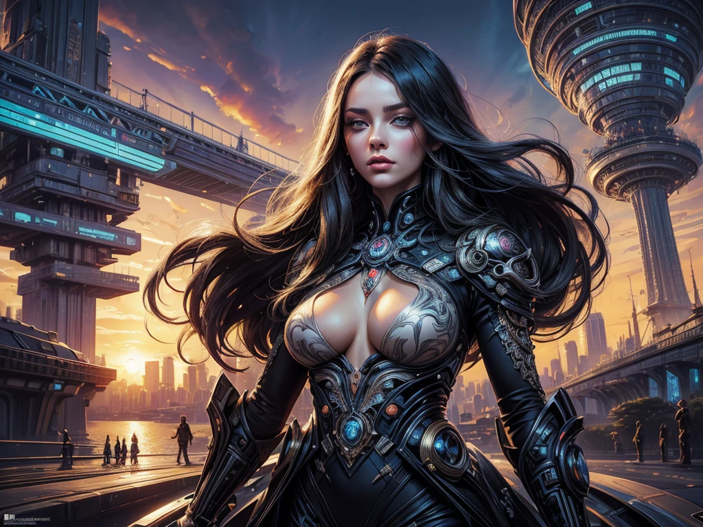 a painting of a woman with a futuristic face and a city in the background, digital art inspired by andrey ryabovichev, behance contest winner, psychedelic art, art of alessandro pautasso, intricate digital painting, elaborate digital art, great digital art with details, tristan eaton, amazing detail digital art, dan mumford and alex grey style, digital intricate art