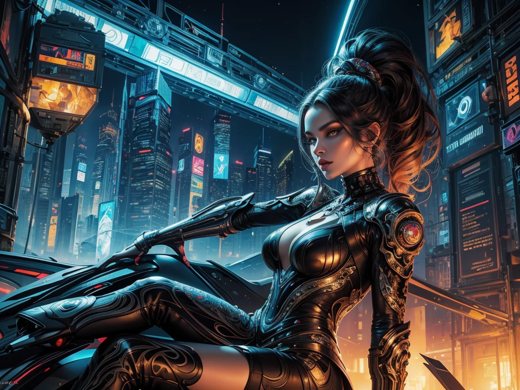 a painting of a woman with a futuristic face and a city in the background, digital art inspired by andrey ryabovichev, behance contest winner, psychedelic art, art of alessandro pautasso, intricate digital painting, elaborate digital art, great digital art with details, tristan eaton, amazing detail digital art, dan mumford and alex grey style, digital intricate art