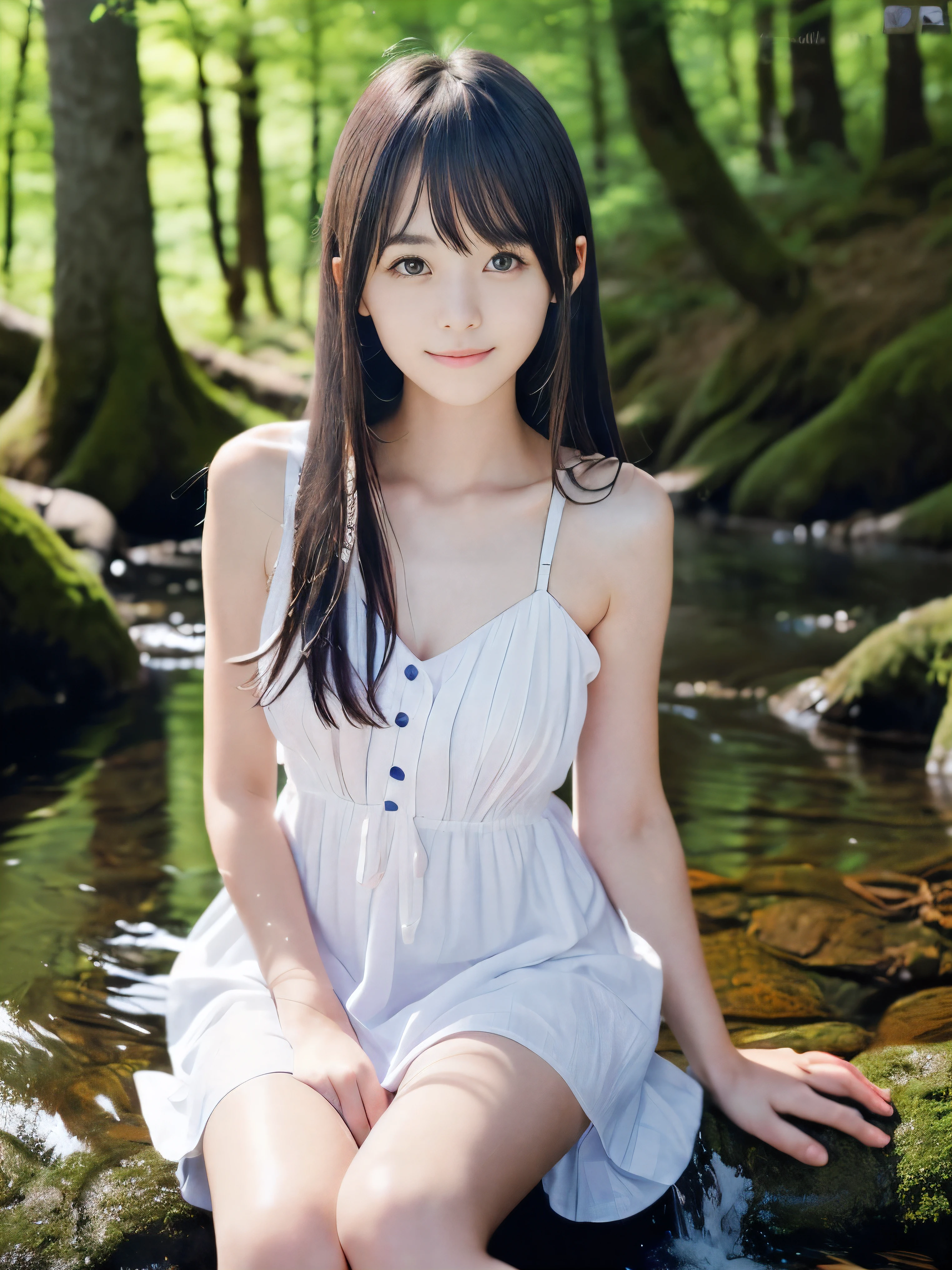 (Portrait of slender small-breasted dark silver long hair with swept bangs girl wearing a white summer dress:1.5)、(One girl is sitting with small smile in the clear stream and water fall at the forest in Japan:1.5)、(Summer beautiful blue sky and forest:1.5)、(blurred background:1.5)、(8k ultra detailed master piece:1.5)、(perfect anatomy:1.5)、(Photorealistic stick:1.5)、(Raw photo:1.3)、(highest quality:1.5)、(High resolution:1.3)、(Delicate and beautiful perfect face:1.3)、(Delicate and beautiful eye air skin:1.3)、(Real Human Skin:1.3)、((thin legs))