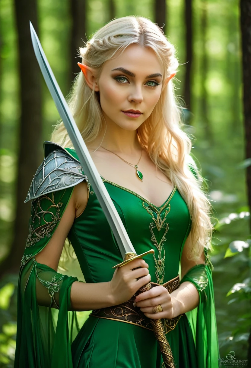 woman in a green dress with a sword in her hands in the forest, воинственная поза elven princess воинов, like a medieval fantasy character, alluring elven princess knight, blonde emerald warrior, elven princess, very beautiful elven top model, beautiful elven princess, Blonde Elven Empress, fantasy photo shoot, Fantasy character photo, elven princess, AnnaSophia Robb - Link of a woman with long blonde hair in a green dress, female elf, elven character with smirk, beautiful and elegant female elf, elf, a elf portrait, elf portrait, portrait female elf wizard, female elfling, portrait of a женщин(Best quality:1.2, realistic:1.37)a-elf warlock, portrait of a very beautiful elf, elven princess excellent quality, quality, good anatomy, good hands, good body, the right number of fingers