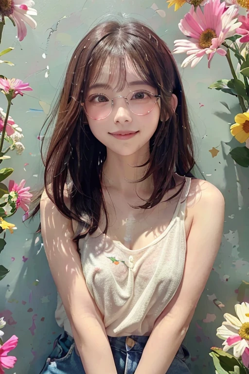 Surrounded by natural beauty, The warm sun shines on her、Wildflowers swaying gently in the breeze. Butterflies and birds flutter around her, Creates a playful atmosphere,Knee stand、((masterpiece))、((Highest quality))、((Super detailed))、((sexy))、Real、Genuine、Looking down from above、(((pop)))、1990s、((Colorful background))、((Enlighten))、pretty girl、1 person、Beautiful pink hair、((Beautiful Eyes))、Glasses、A light smile、wave hands、((T-Shirts))