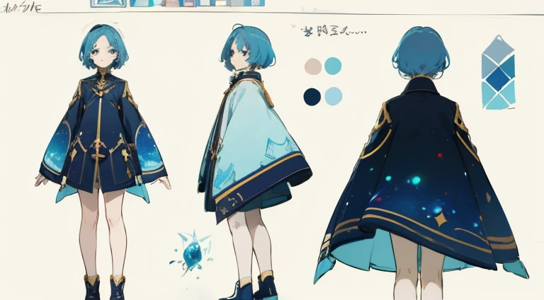  anime style, blue short hair,color palette blue white gold, crystal, (character sheet), high quality, masterpiece, (full body view), cozy clothes, galaxy inspired