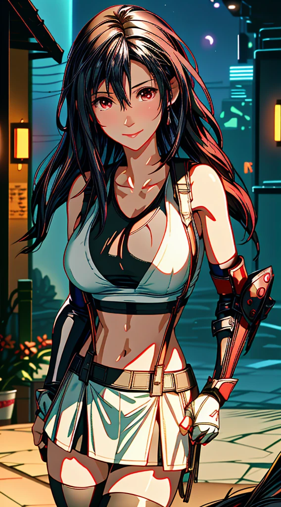 (8k, highest quality, MASTERPIECE:1.2), (photorealistic:1.3), Super Detailed, girl 1 person, mature, solo, (Tifa Lockheart:1.2), (big chest), (giant breasts), (((huge lift clothes to show bra))), (((black bra))), (beautiful red eyes), (smiling:1.2), (Closed), erotic pose, dance, neon lights, street scenery, Depth Of Field, Dark and strong shadows, Sharp focus, auto, motion blur, bike, Depth Of Field, composition, Glowing green light, Final Fantasy VII, (nose blush), Single Elbow Pad, Ankle Boots, dark black hair, toned thighs, red boots, Elbow Gloves, Elbow pads, Fingerless Gloves, Taut Shirt, sports bra,(suspenders), (Black Skirt), tights, white tank top, All over body, head rest, Lips, delicate facial structure, Low Tie Long Hair, (red_Ojo), Yellow flowers, (night:1.3), Complex, Bokeh, Cinematic Lighting, Photon mapping, Radiosity, physically based rendering, NSFW, Perfect Breasts