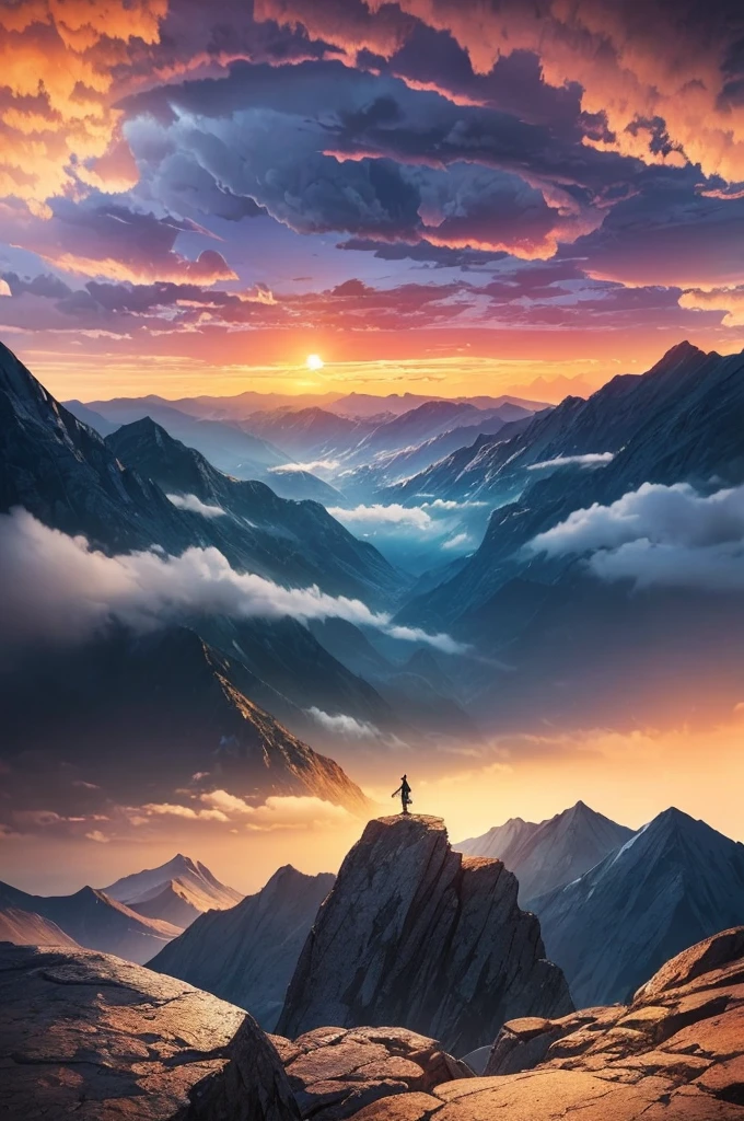 Create an image of a mountain landscape at sunset with a winding river. At the top of the mountain, a cat with human characteristics is exploring, dressed in karate clothes. The atmosphere is adventurous and bold, with a dramatic sky and moving clouds. The image style is anime, with vibrant colors, elaborate details, and magical elements.