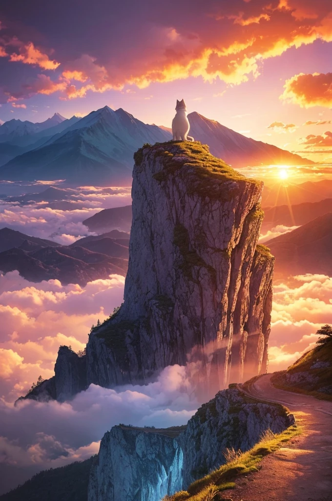 Create an image of a mountain landscape at sunset with a winding river. At the top of the mountain, a cat with human characteristics is exploring, dressed in karate clothes. The atmosphere is adventurous and bold, with a dramatic sky and moving clouds. The image style is anime, with vibrant colors, elaborate details, and magical elements.