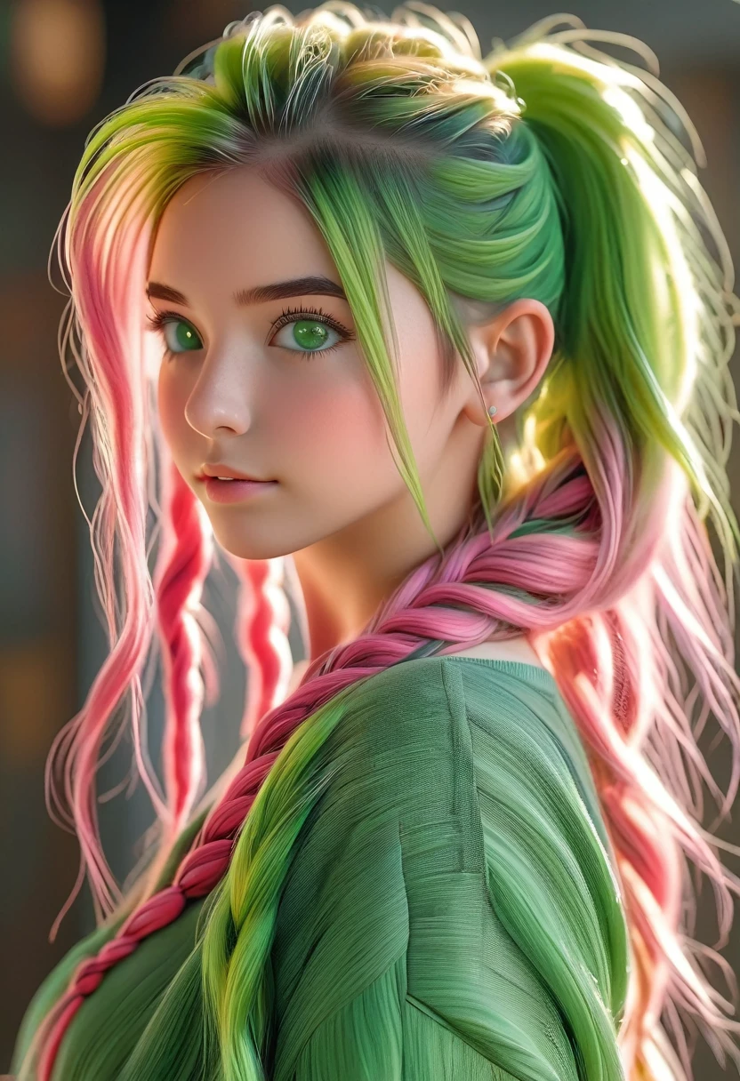 (Best quality, 8k, 32k, raw photo, Photorealistic, Photoreal, UHD:1.2), lifelike rendering, 1 young cute girl, (streaked Green and pink hair:1.4), very long hair, Dynamic hairslyte, (braids, ponytail) (green eyes:1.4), realistic portrait, (random pose), (dynamic angle)