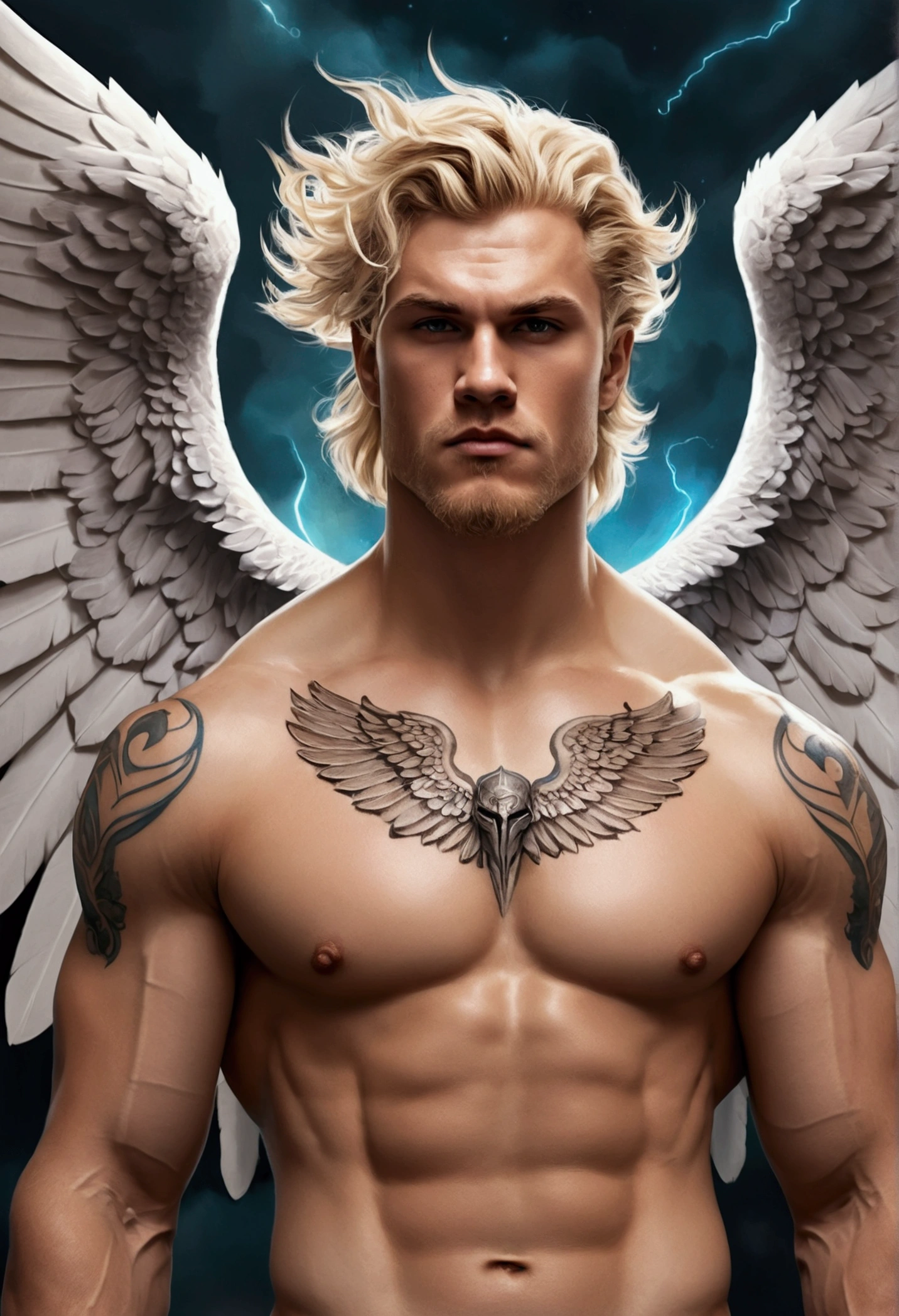 Painted portrait of a robust heavenly angel, God of thunder, greek god, cheveux blonds, tattoos, big wings, mellow, boyfriend, trunk, muscular, hairy torso, fancy, Complex, chic, highy detailed, digitalpainting, art station, conceptual artwork, Soft, sharp focus
