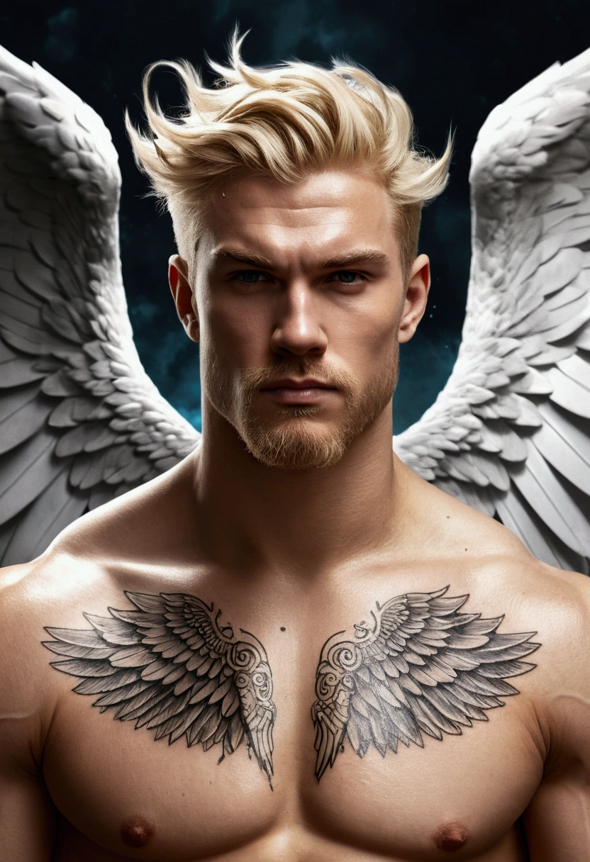 Painted portrait of a robust heavenly angel, God of thunder, greek god, cheveux blonds, tattoos, big wings, mellow, boyfriend, trunk, muscular, hairy torso, fancy, Complex, chic, highy detailed, digitalpainting, art station, conceptual artwork, Soft, sharp focus