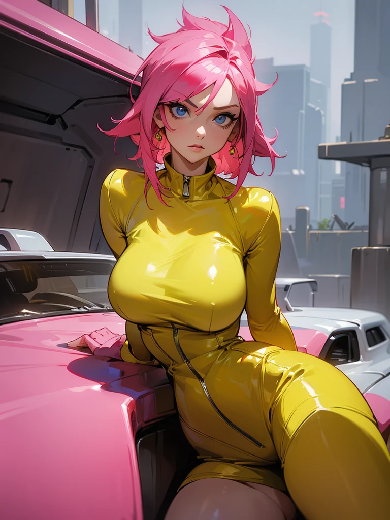 Mature woman with serious look, Facial Focus, big pink hair, shining blue eyes, wearing a mustard yellow jumpsuit, breasts big, looking 35 years old, eye on the spectator, look to the camera, , the background is a cyberpunk battlefield, Free hands, thick-thighs, ((look ahead)), Masterpiece artwork,
